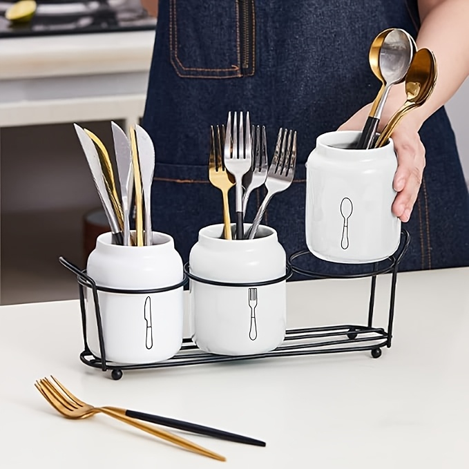 Zinueen Portautensili per piano di lavoro, portaposate a 3 scomparti, in legno, contenitore per utensili da cucina, conservazione utensili da cucina (nero