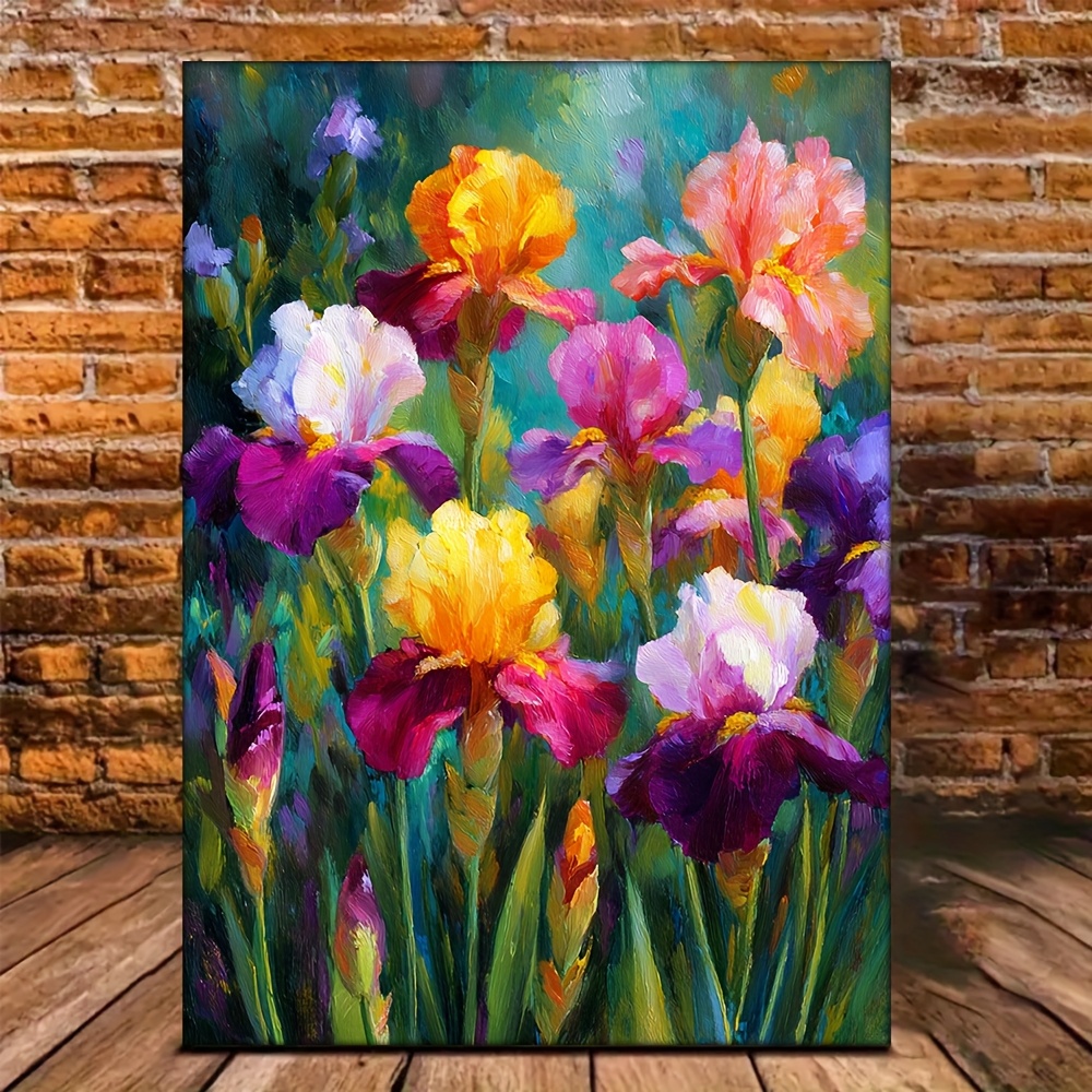 TEMU 2d Flat, 1pc Framed Flower Wall - Hd Oil/watercolor Painting Suitable For Her, Decor With Wrap-around Frame, Vibrant Spring Irises For