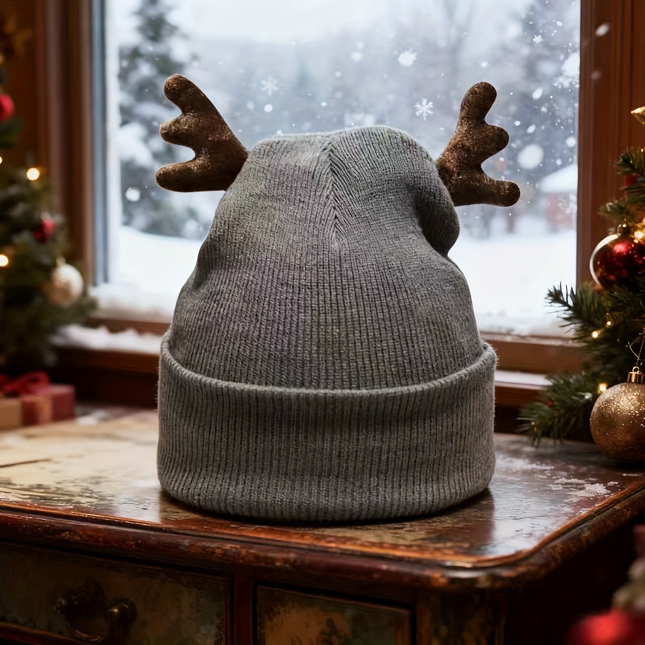Solid Color Christmas Reindeer Antlers Acrylic Beanie - Lightweight Breathable Santa Hat For Xmas Party, Cozy Holiday Additions For Christmas Eve, Winter Cap For