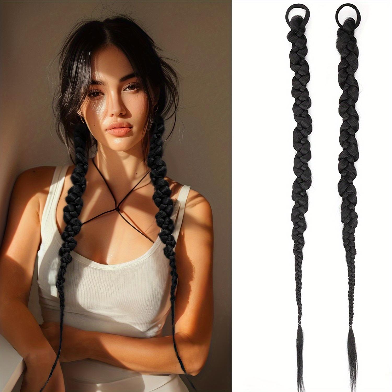 

2 Pcs Long Braided Ponytail Extension With Elastic Hair Tie Black Straight Wrap Around For Women Ponytail Soft Synthetic Hairpiece Hair Piece For Daily Wear 24 Inch Hair Accessories