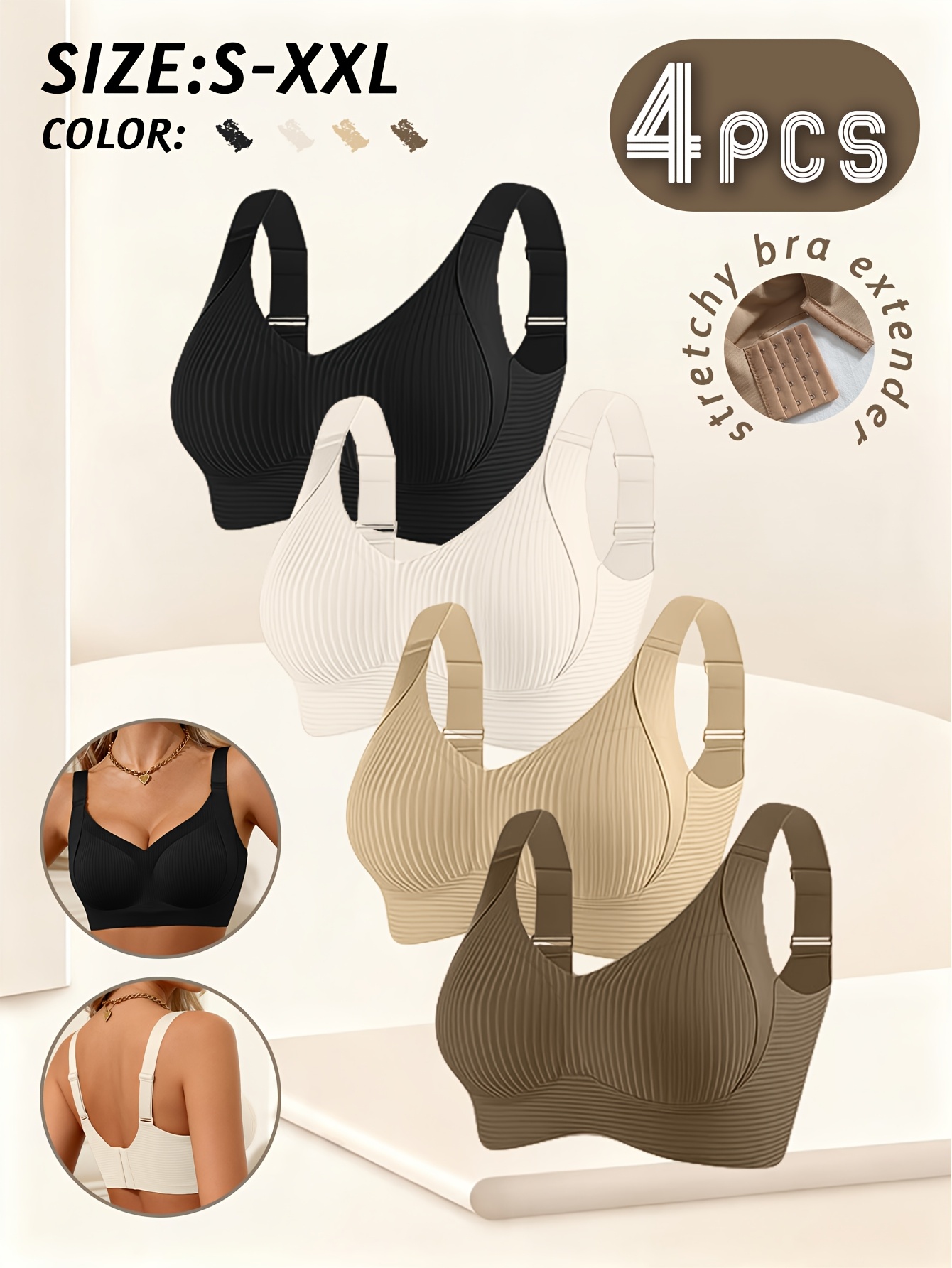 Women's 4pc Wire-Free Bralette Set, Full-Coverage Push-Up