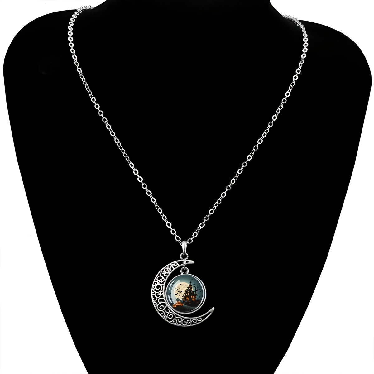 Hollowed-Out Crescent Moon Necklace with Haunted House Pendant