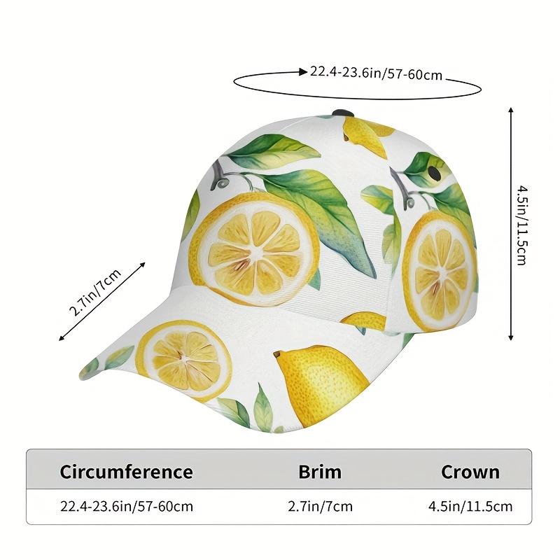 TEMU 1pc Lemon Print Adjustable Snapback Cap - Lemon & Leaf Pattern White/yellow Baseball Hat, Lightweight Breathable For &, Summer, Christmas