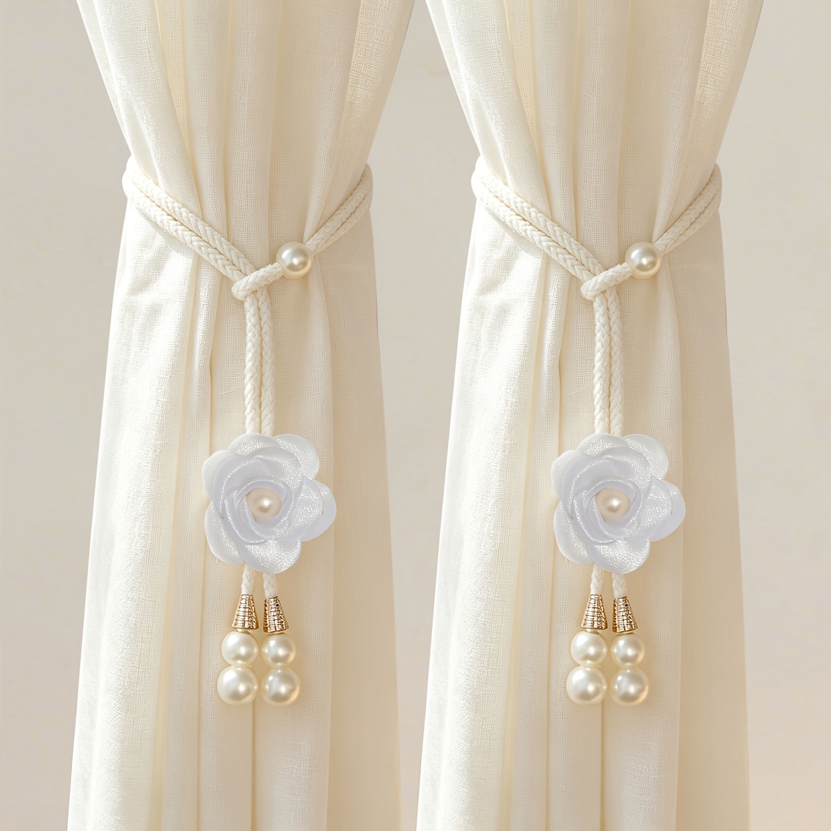 TEMU 2pcs French Cream Style Camellia Pearl Curtain Tiebacks, No-drill Elastic Cord, Decorative Fasteners For Living Room, Bedroom, Bay Window Sheer