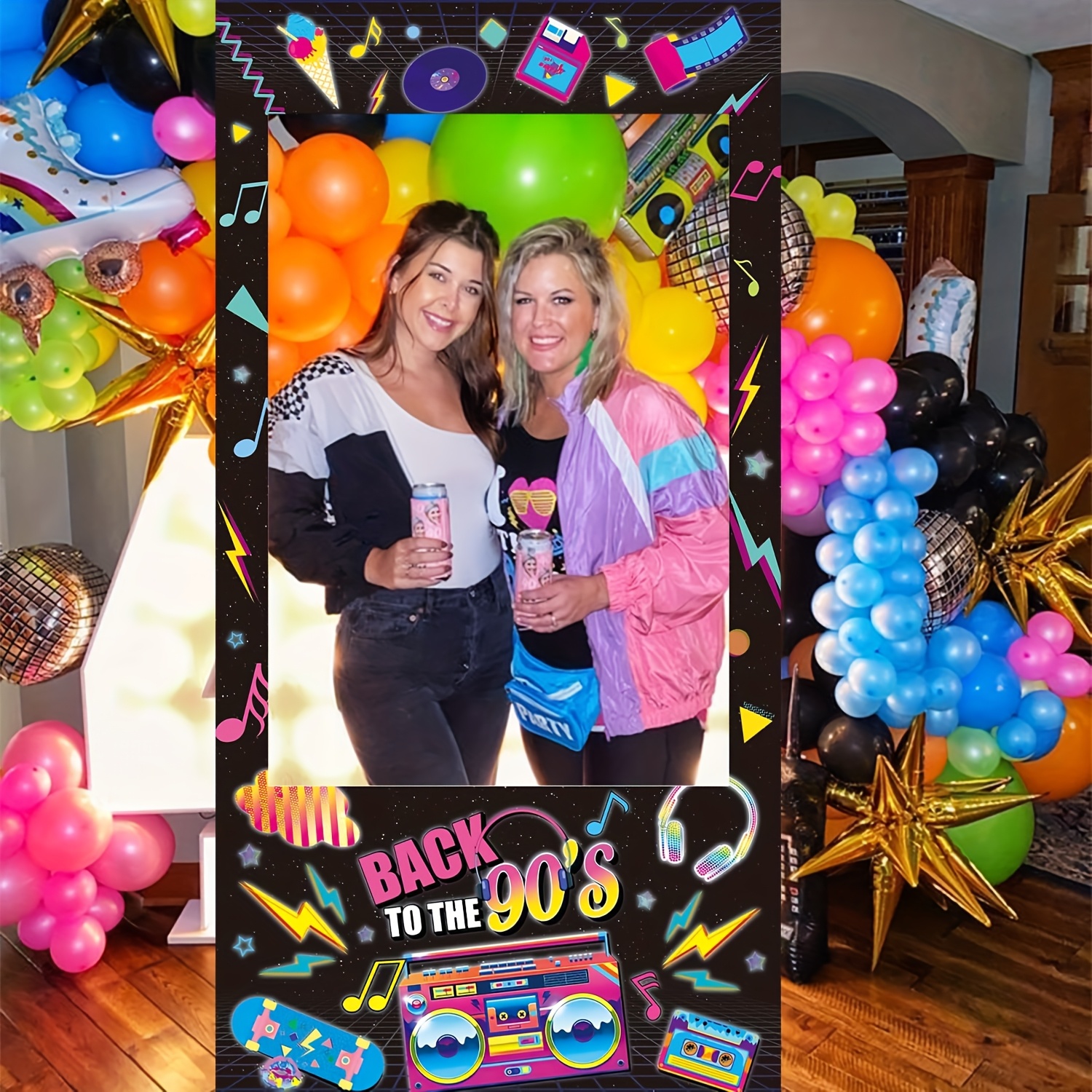 1pc 90s retro photo booth prop vintage hip hop party backdrop with boombox cassette tapes neon signs for 90th birthday celebrations polyester material no power needed halloween christmas for christmas newyear valentine party events