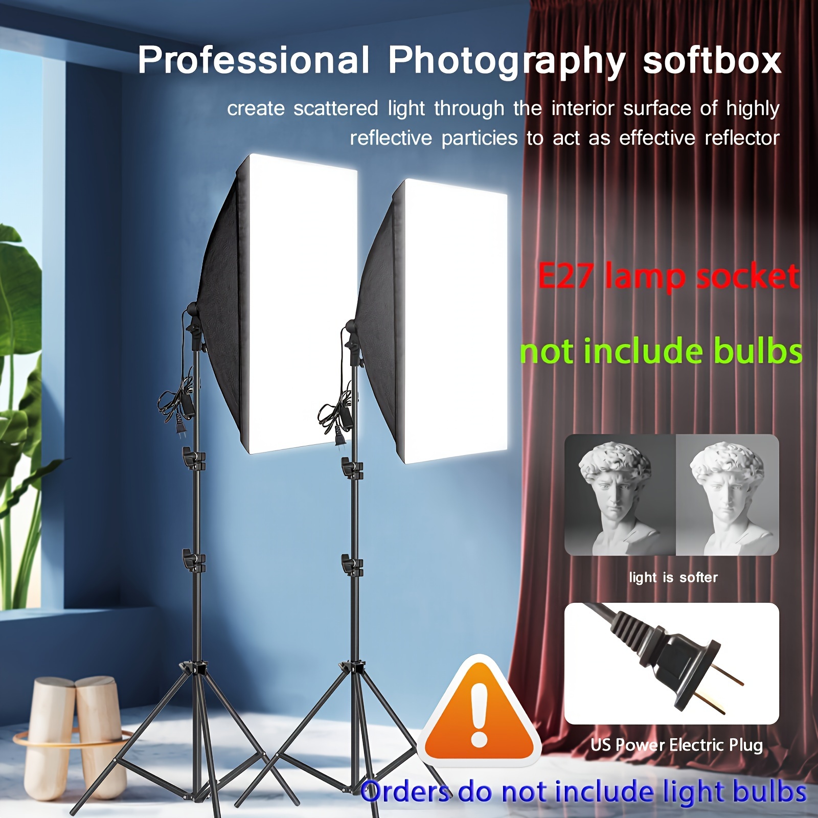 

Professional Photography Softbox Lighting Kit With E27 Socket - 63"/79" Tripod, C27 Lamp Socket, Ideal For Studio & Live Streaming, No Bulb Included, Photography Lighting Kit