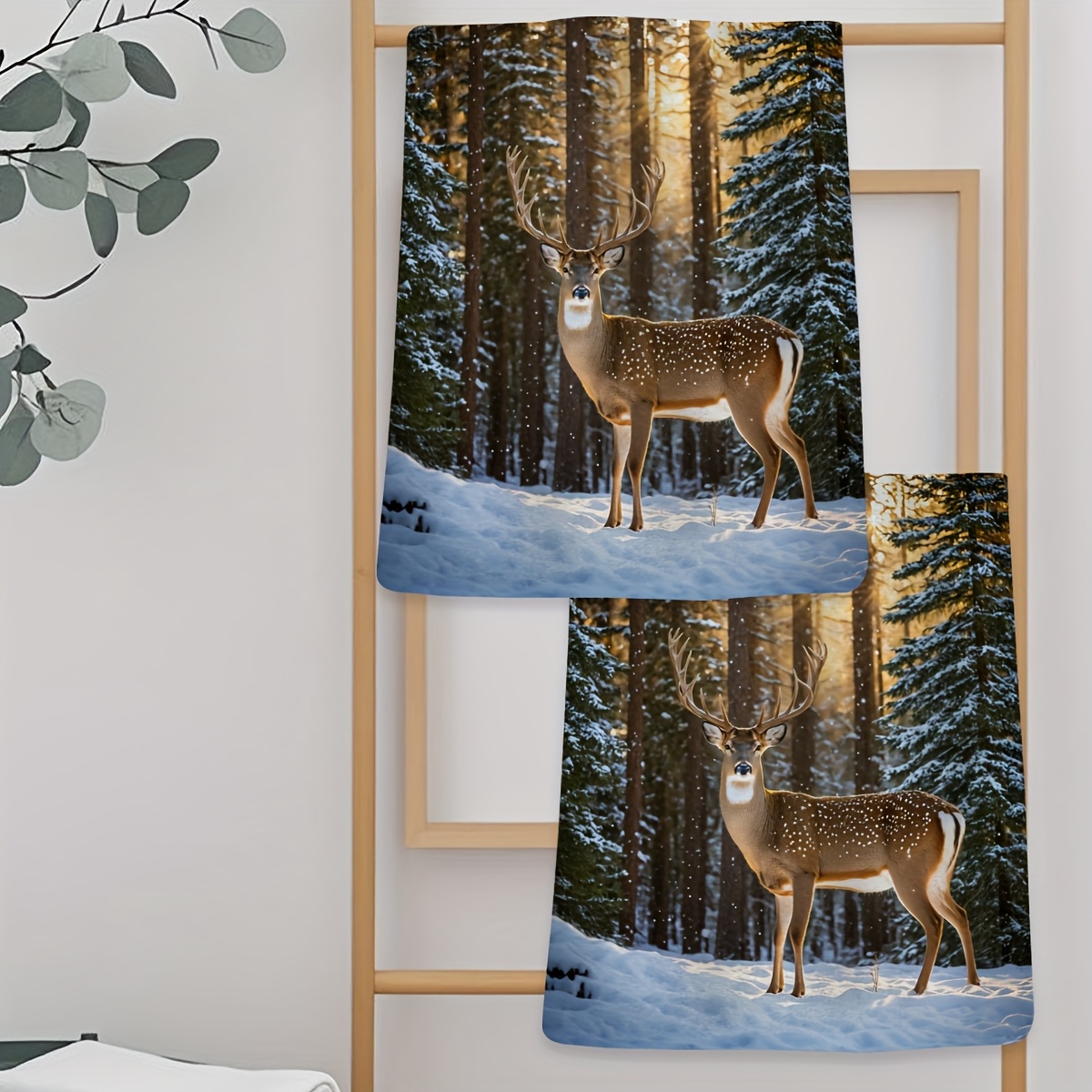 TEMU 2pcs Deer Travel Set, Autumn Gift Printed Towel With Striped Design, Fall Home Decor, Suitable For Holiday Parties, Gifts, Event Giveaways,