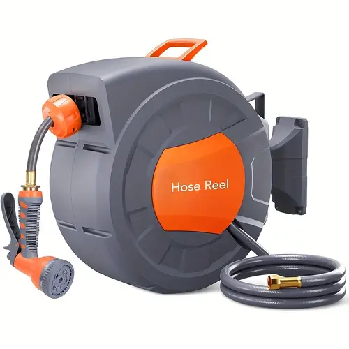 garden hose reel water hose reel with 100 ft retractable garden hose 9 function sprayer nozzle effortless automatic 180 swivel wall mount hose reel wall mount any length lock automatic slow
