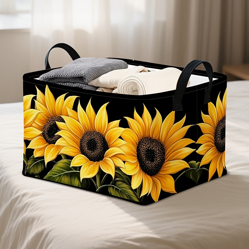 TEMU 1pc, Large Capacity Sunflower Storage Basket With Sturdy Black Frame And Yellow Sunflower Pattern - Soft Aesthetic Organizer Shelf For Living