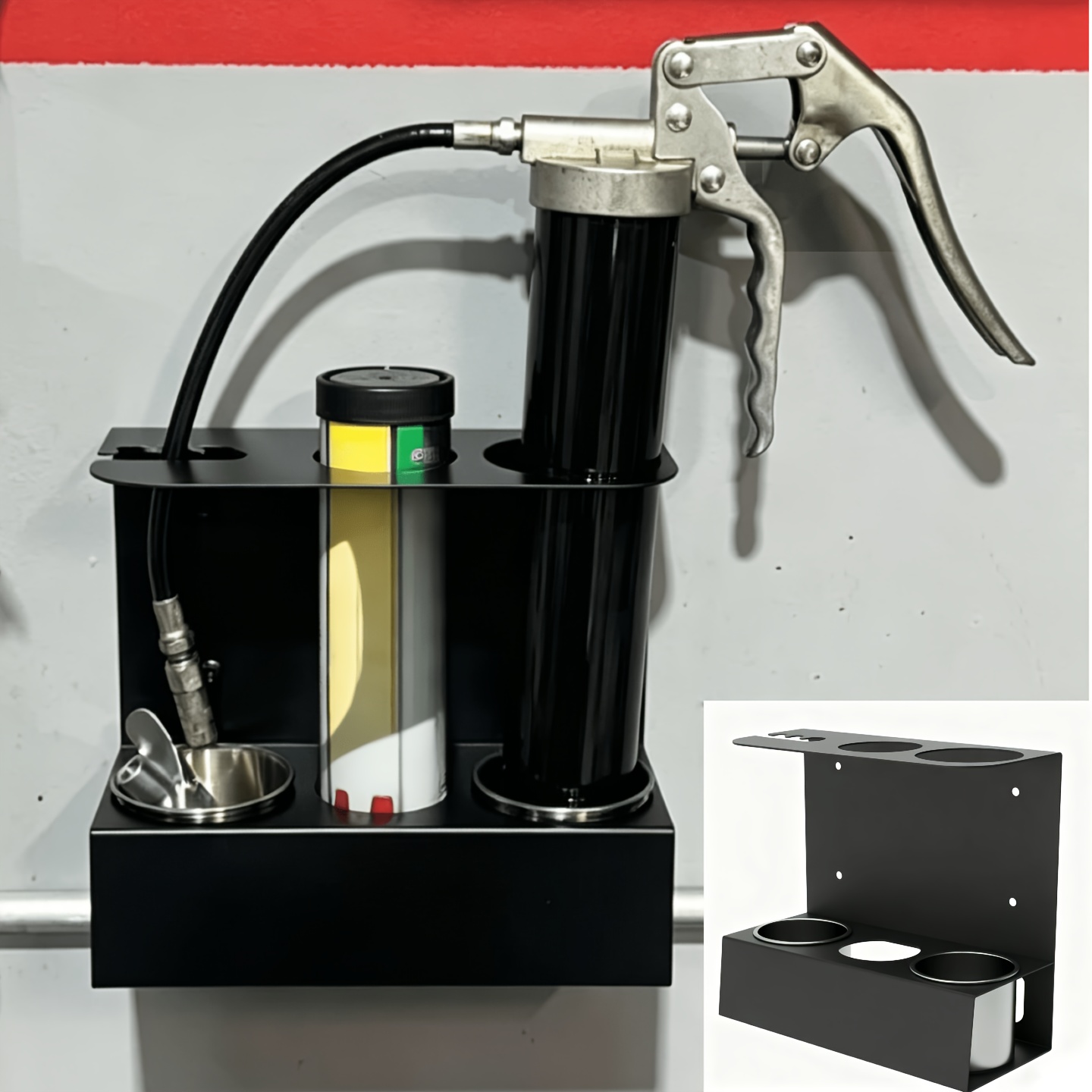 grease gun holder wall mountable grease gun storage rack garage storage solutions workshop storage organizer for workshop shop garage with removable drip cups and spare cartridge holder