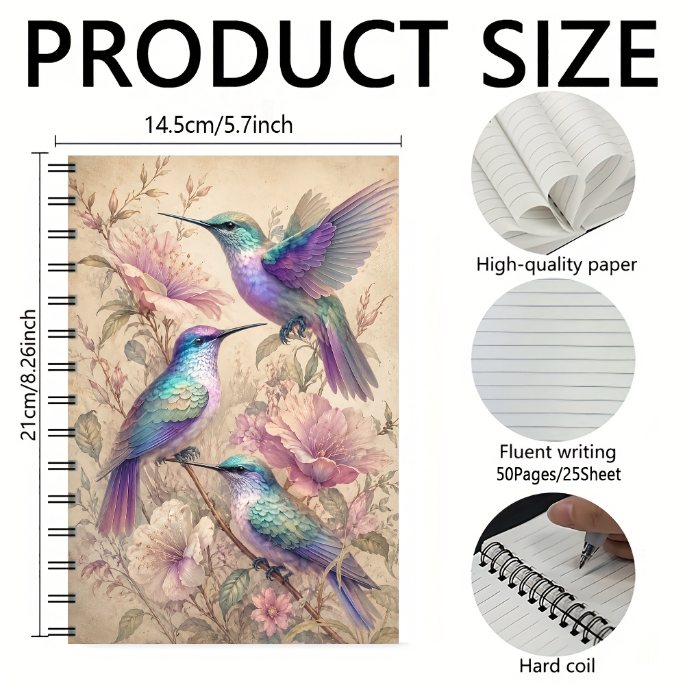 TEMU 1pc A5 Hummingbird Vintage Floral Spiral Notebook, 50 Pages/25 Sheets, Blue Purple Hummingbird, Pink Flower Branch And Soft Vintage Botanical