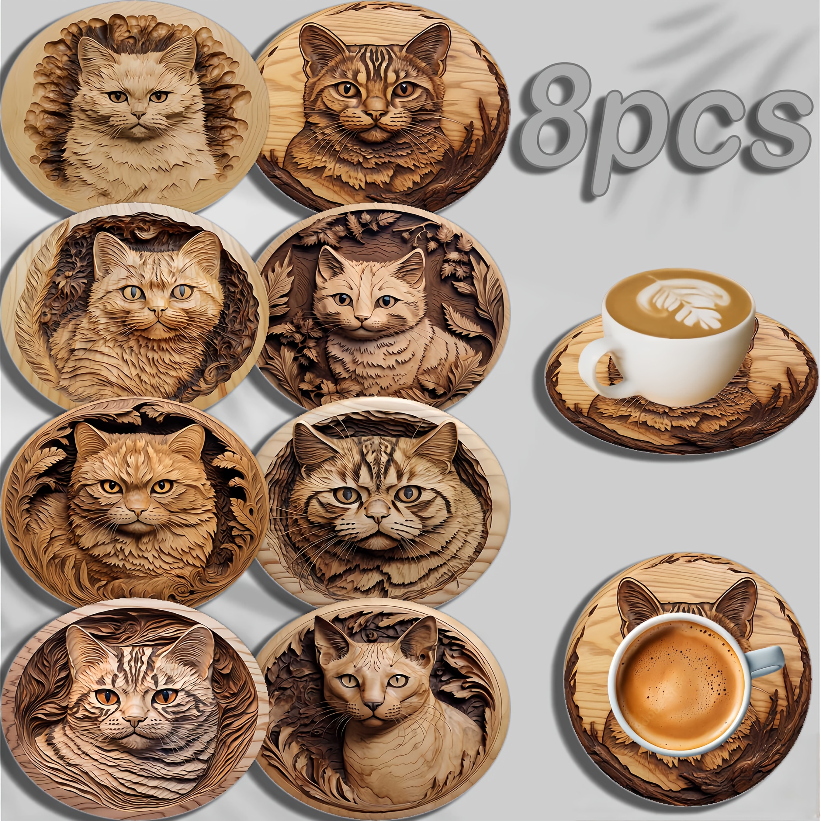 

8pcs Set Hand-carved Cat Design Cork Coasters - Washable, Round Drink Mats For Mugs, Glasses & Coffee Cups - Christmas, Thanksgiving, 's Day, Valentine's & Ramadan Gifts