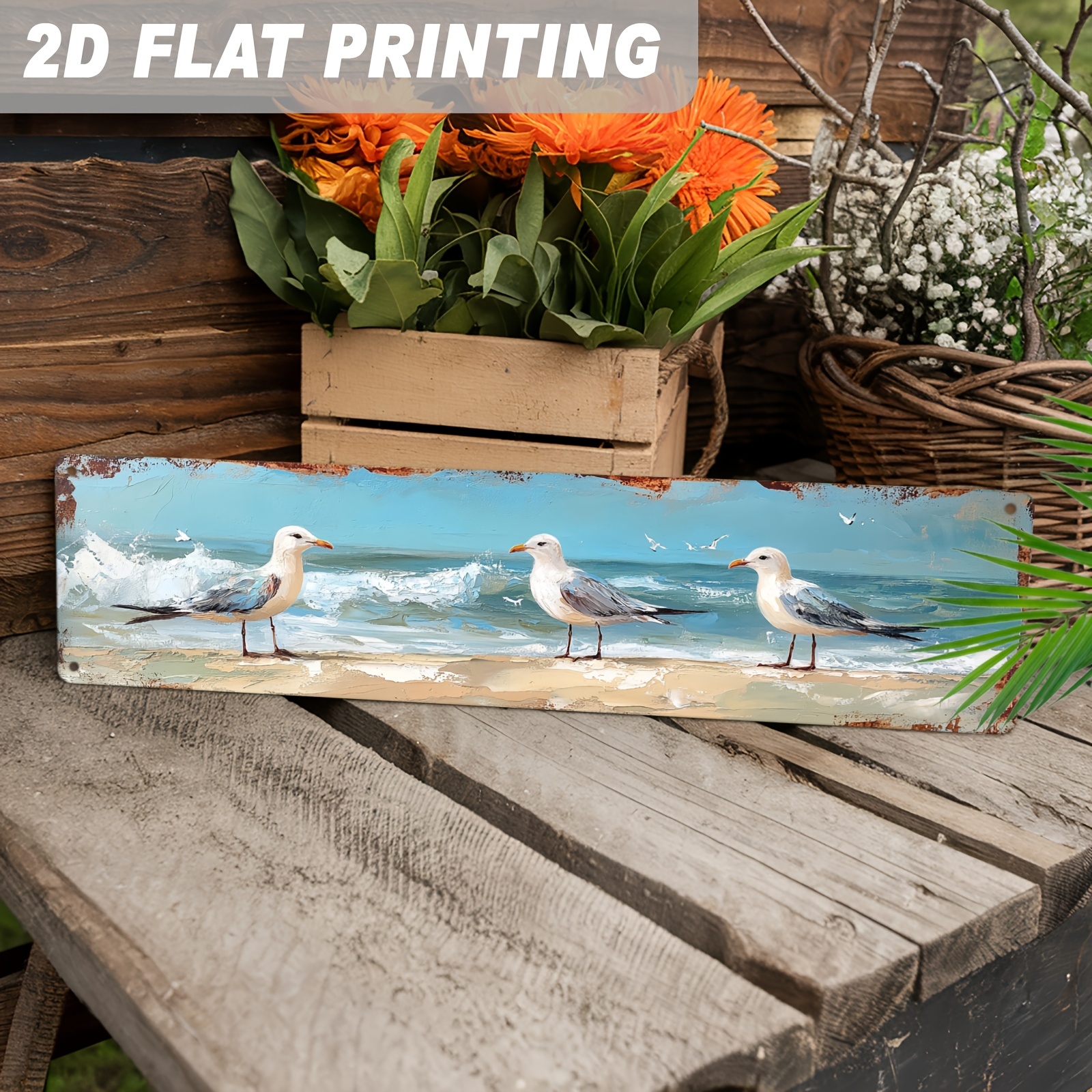 TEMU 2d Flat, [2d Flat] 2d Flat 1pc, On Beach With Waves And Sign Vintage Coastal Theme Wall Hanging Artistic Style Decor For Living Room, Bathroom,
