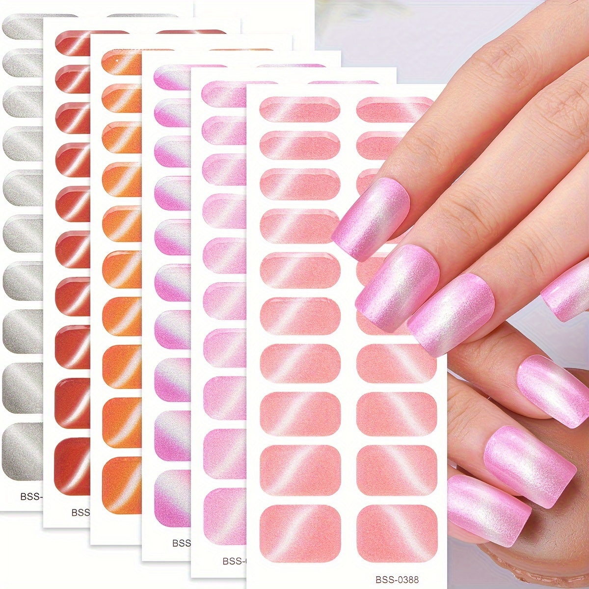 

120pcs Cat Eye Gel Nail Wraps Set - Pink Metallic Glitter, Self-adhesive Full Cover Stickers For Easy Diy Manicure, Uv Lamp Required, Women & Girls