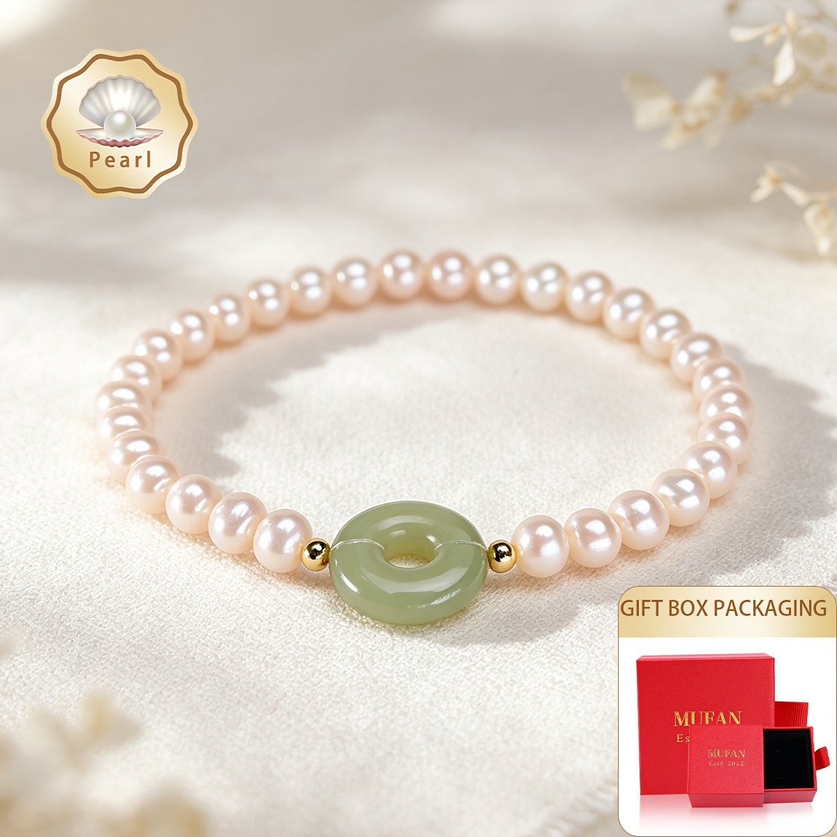 Women's Freshwater Pearls & Green Stones Bracelet, Gift Boxed
