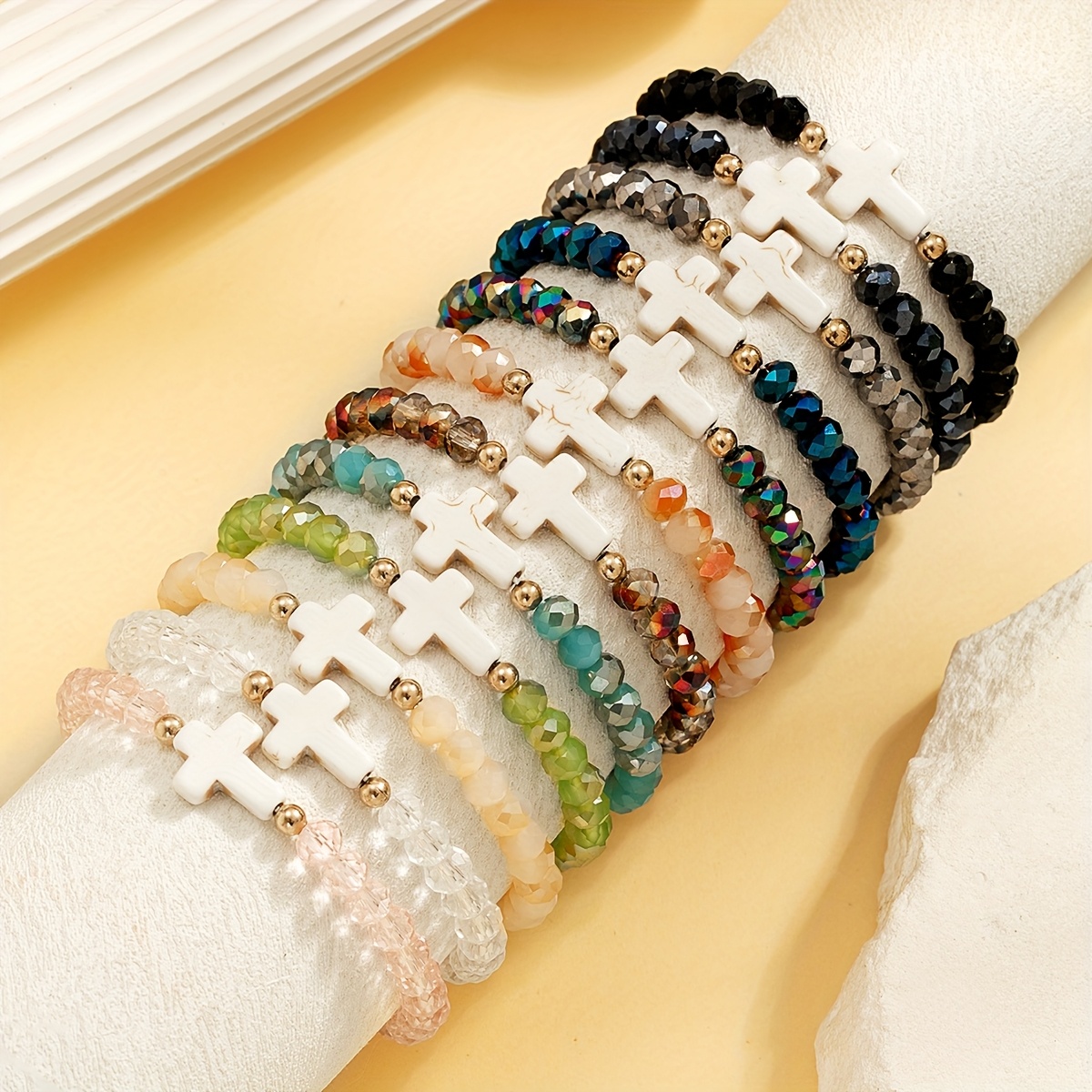 6/12pcs of Vintage Elegant Colored Glass Beaded Cross Bracelet Set, Women'S Elastic Stacking Bracelet Jewelry, Suitable for Daily Wear, Gifts for Family And Friends