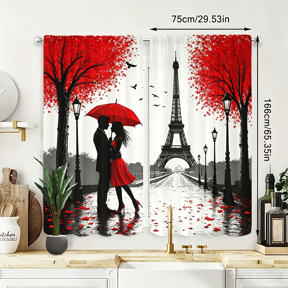 TEMU 2d Flat - 2d Flat - [2d Plane] 2pcs Set Couple Curtain, Adopting Romantic Couple Under Tower Autumn Trees Semi-transparent, Polyester Material,