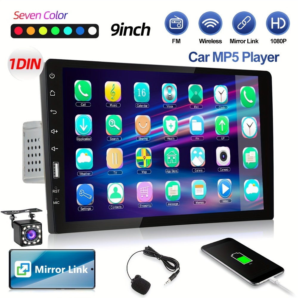 

Camecho 1 Din Eq Car 9'' Mp5 -in Wireless Fm Touch +rear Cemera+mic