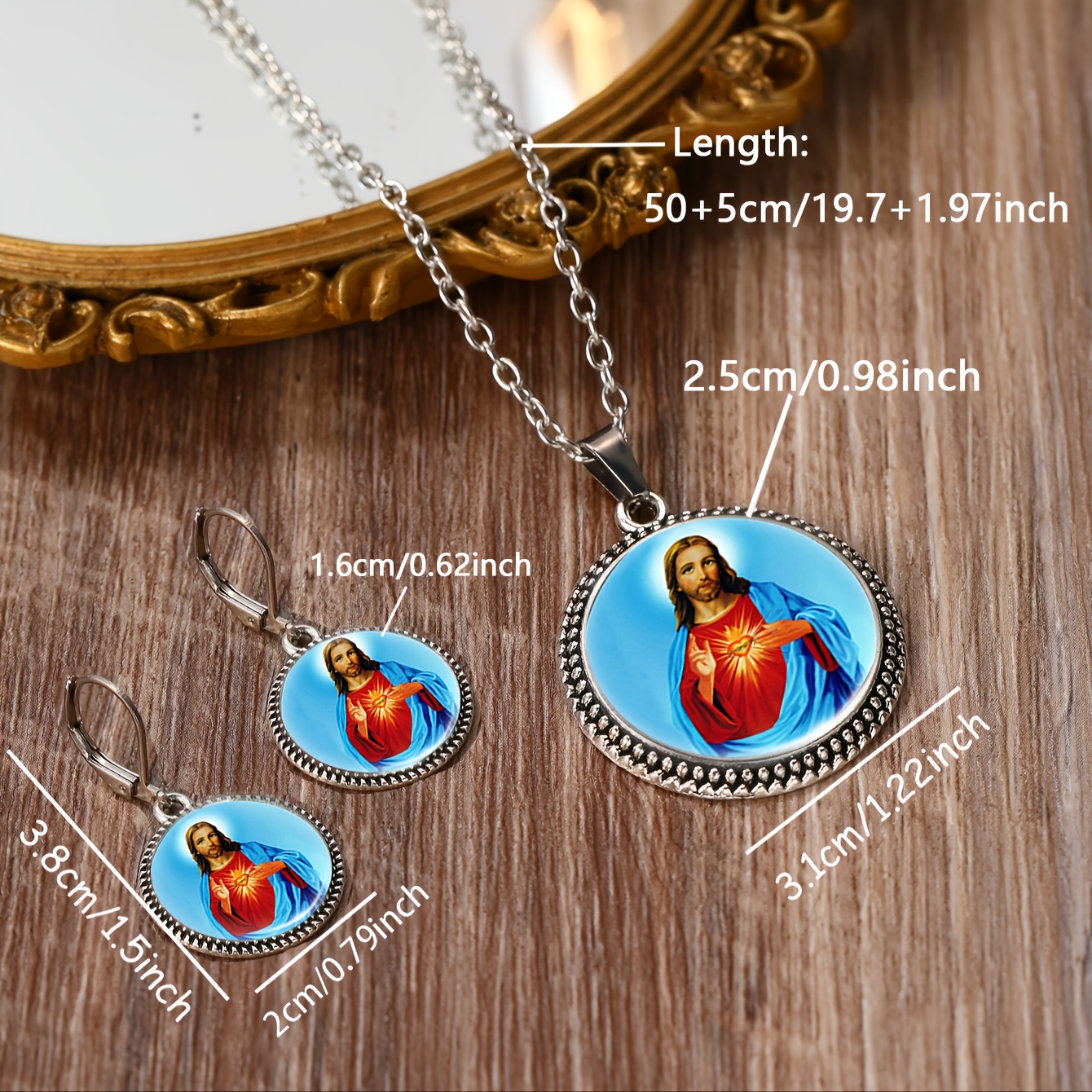 3pc Religious Art Necklace & Earrings Set, Classic Style