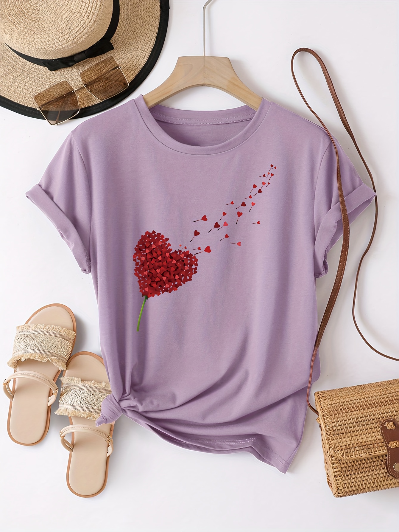 Women'S Heart Print T-Shirt - Soft & Comfortable Casual Crew Neck Short Sleeve Top, Perfect for Spring and Summer, Mother'S Day Gift, Everyday Comfort | Playful Design | Soft Fabric