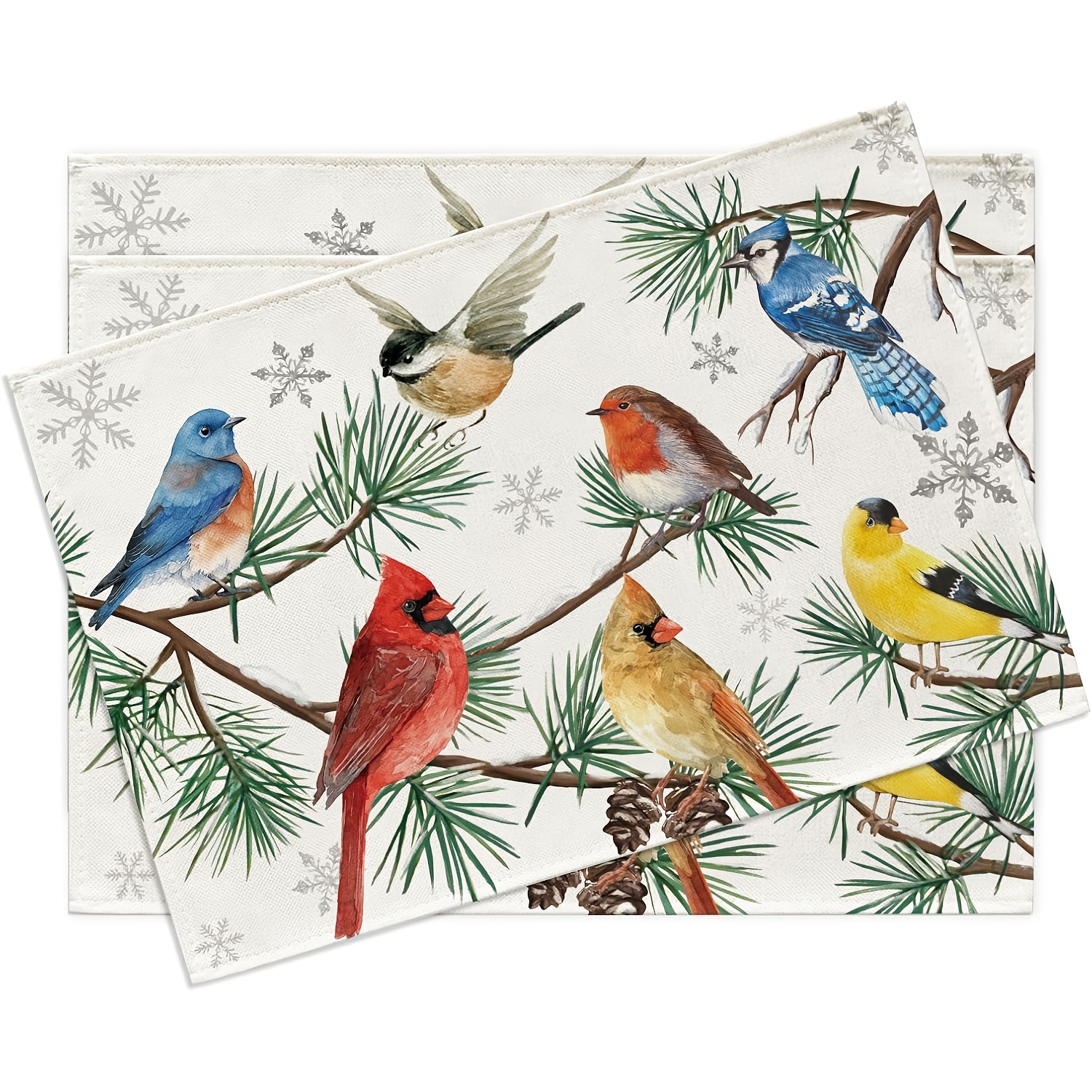 

4pcs, Placemats Set Of 4, Waxwing Chickadee Dining Place Table Decor, Seasonal Decoration 12 X