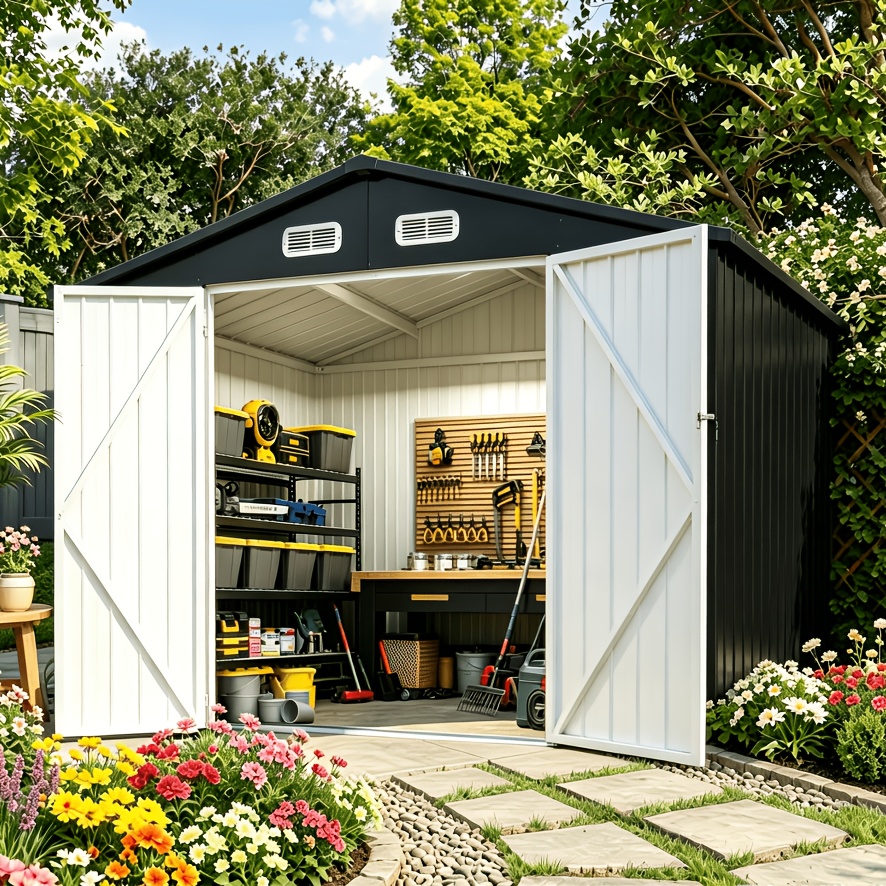 250*190cm/190*130cmoutdoor Storage Shed - Metal Garden Shed, Garden Tool Shed With Lockable Doors For Backyard, Patio, Temporary Removable