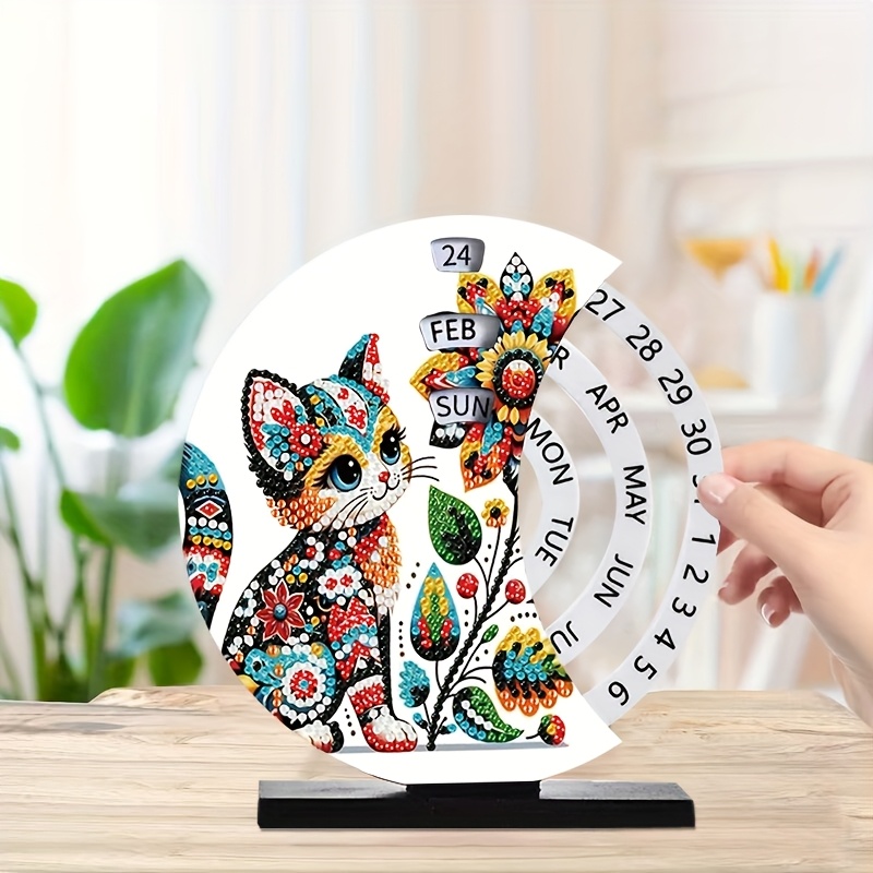 TEMU Diamond Painting Rotating Calendar Set - Featuring A Cute Cat And Flower , This Craft Includes Special Shaped Diamonds, A Rotating Day, Month,