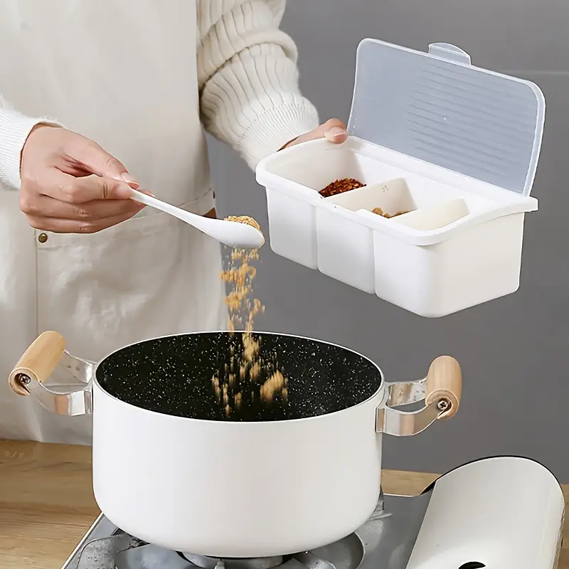 1pc three compartment condiment container with spoon plastic seasoning storage box with lid multi grid spice jars jar holders organizer set Product details 2