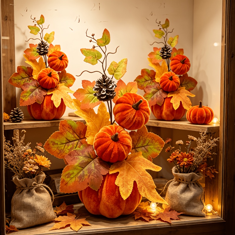 TEMU 2pcs Velvet Pumpkin Desktop Floral Arrangement, Artificial And Pinecones, American Countryside Retro Decor, Tabletop And Fireplace Window