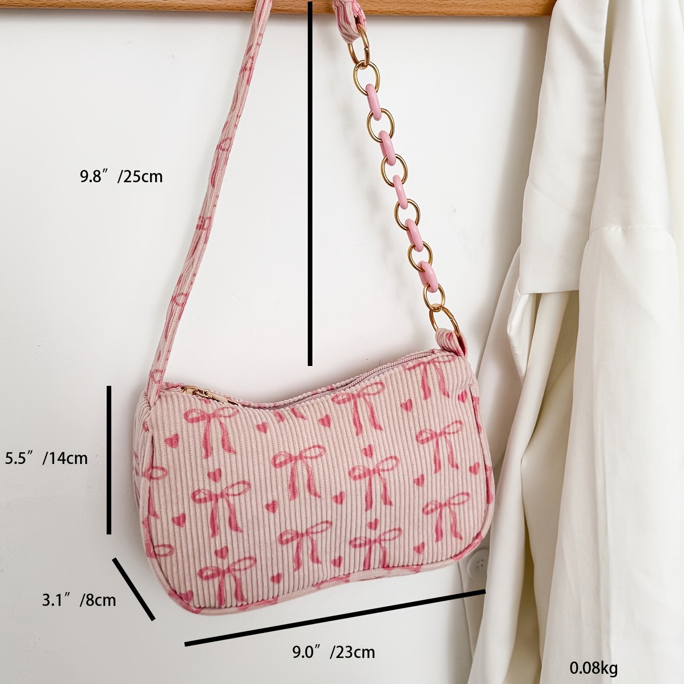 TEMU Ladies' Cute Small Handbag With Bow Print, Practical Large Capacity Storage Bag