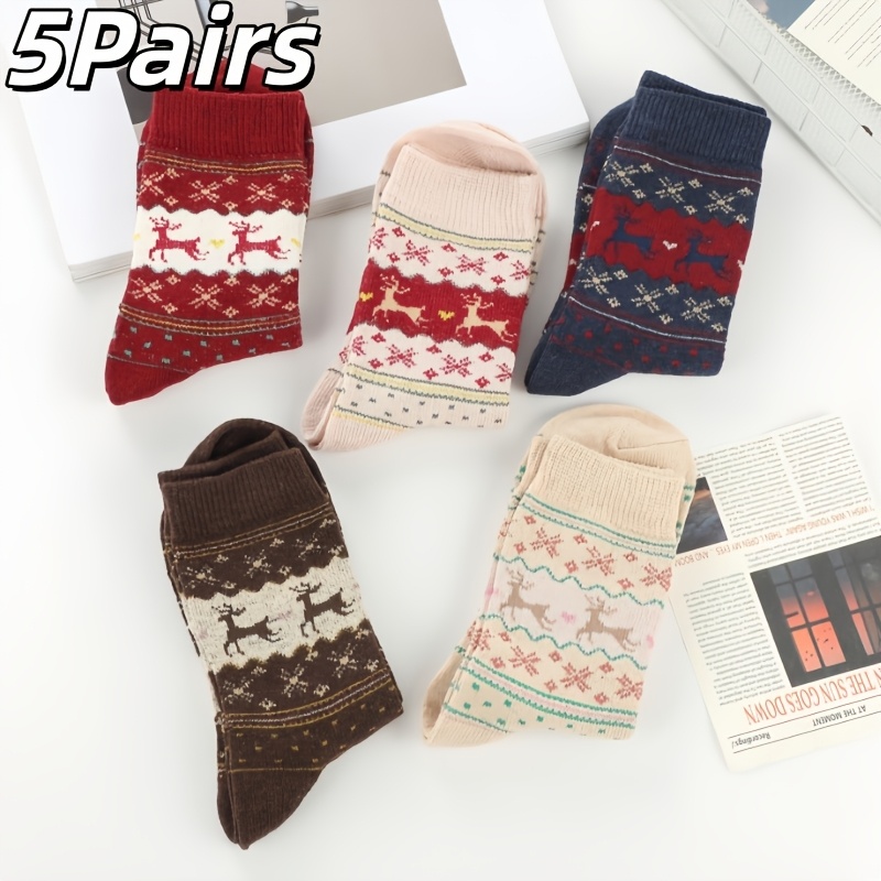 TEMU 5-pair Christmas Reindeer Snowflake Vintage Fair Isle Mid-calf Socks, Autumn/winter Soft -friendly Thickened Warm Women's Socks, Festive
