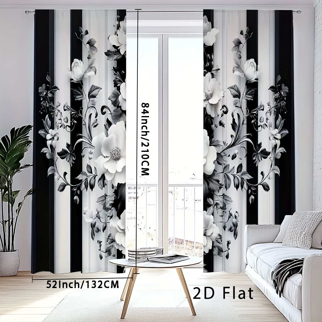 TEMU 2d Flat - 2d Flat - 2pcs, 2d Flat Printing Black White Floral Sheer Curtains, Kitchen Curtain, Floor To Ceiling Curtains, Cortinas Para Cuarto,