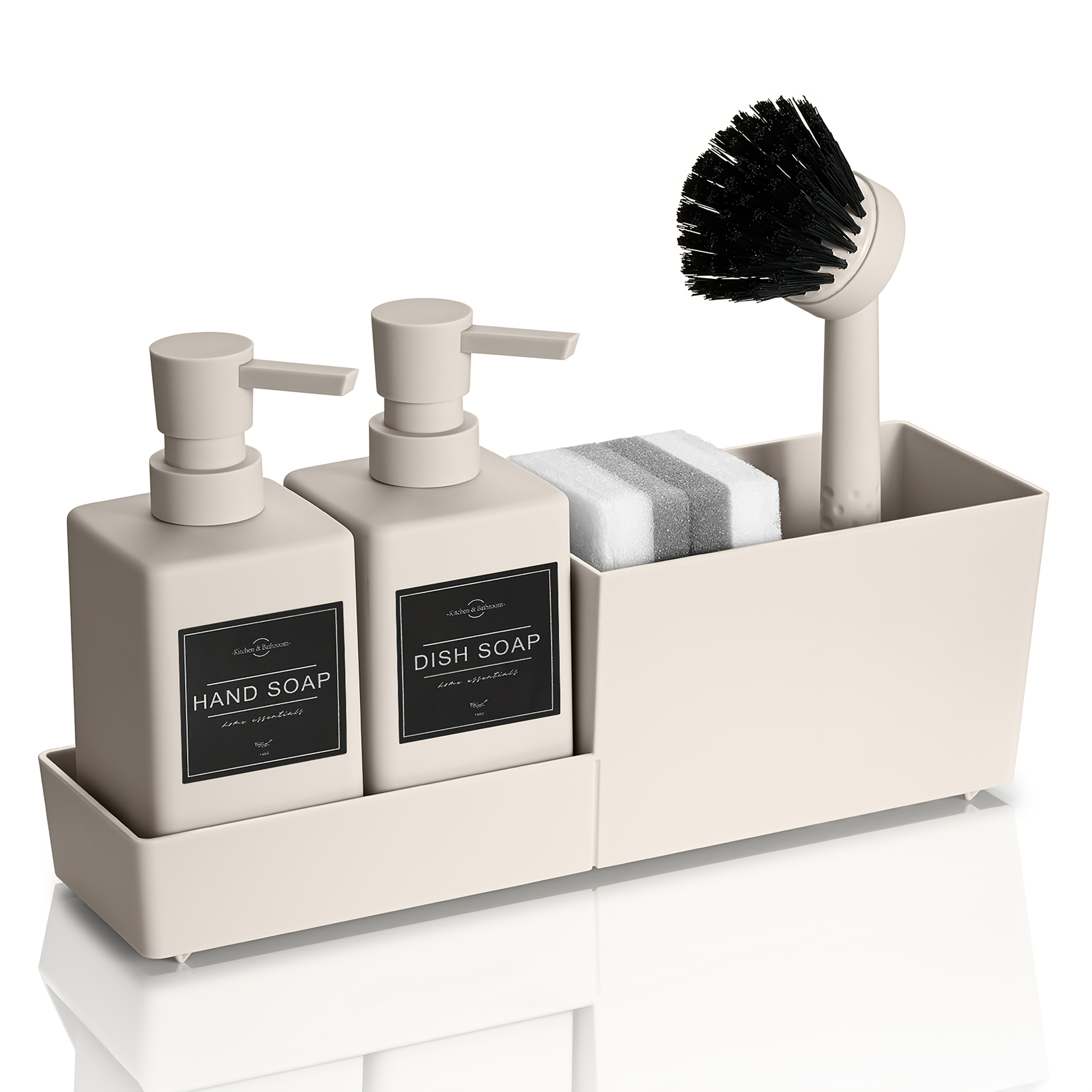Matte Double Soap Dispenser Set, With Sponge Holder And Brush, Independent Countertop Storage Box, Suitable For Kitchen Cleaning, Modern , 2 Compartments Can Store Sponges And Brushes