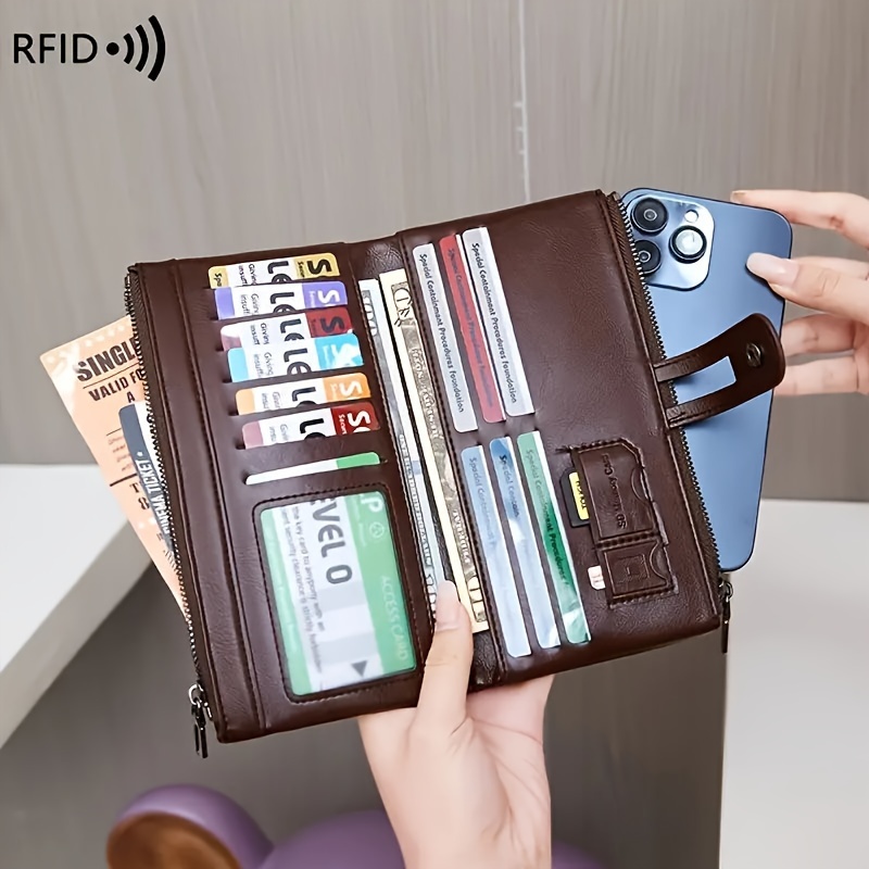 

1 Pc Rfid Blocking Retro Large Capacity Long Wallet Pu Leather Solid Color Women's Purse Multi-functional Zipper Wallet Passport Ticket Credit Card Holder Can Accommodate Large Screen Phone