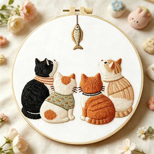 photo de l'article kit de ie 1 pièce, pack de matériel de loisirs créatifs à soi- , outils complets pour débutants, motif animal - chat regardant un poisson, décoration dintérieur, art créatif à suspendre -stress, fil à , motif, aiguille, cercle à . kit de ie à soi