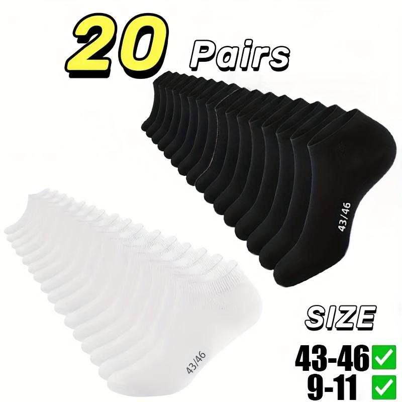 E-shop 10 Paar/20 Paar länderübergreifende Übergrößen-Knöchelsocken in Einfarbig Schwarz Weiß, Größe 9-11, 43-46, geeignet für Ausflüge,