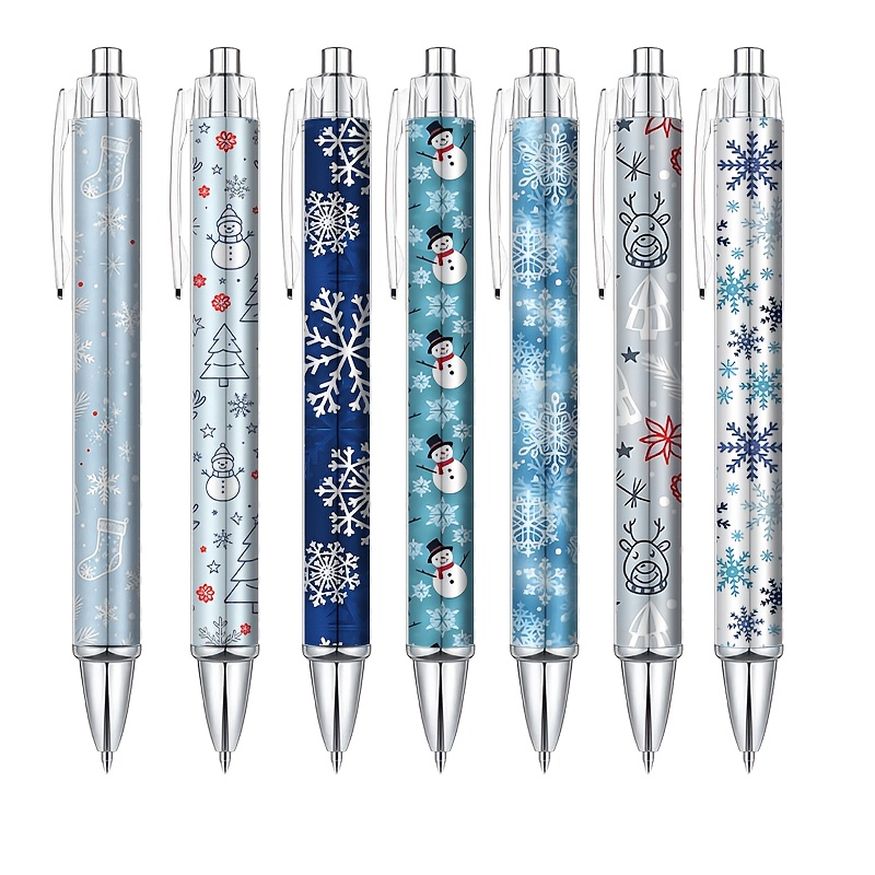 TEMU 7pcs Christmas Snowflake Ballpoint Pens, Gel Ink Pens, Writing Pens, Bulk Stretchable Cute Novelty White Blue Snowflakes, Christmas Colleagues