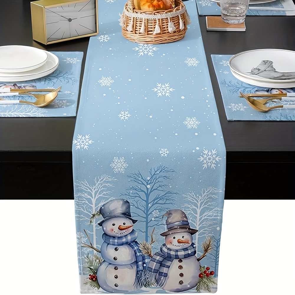 TEMU 1pc Christmas Snowman Table Runner - Polyester Woven Table Decor With Snowflake & Flower Pattern For Holiday Dining, Festive Home Party Decoration, Rectangle Shape, Blue - 72