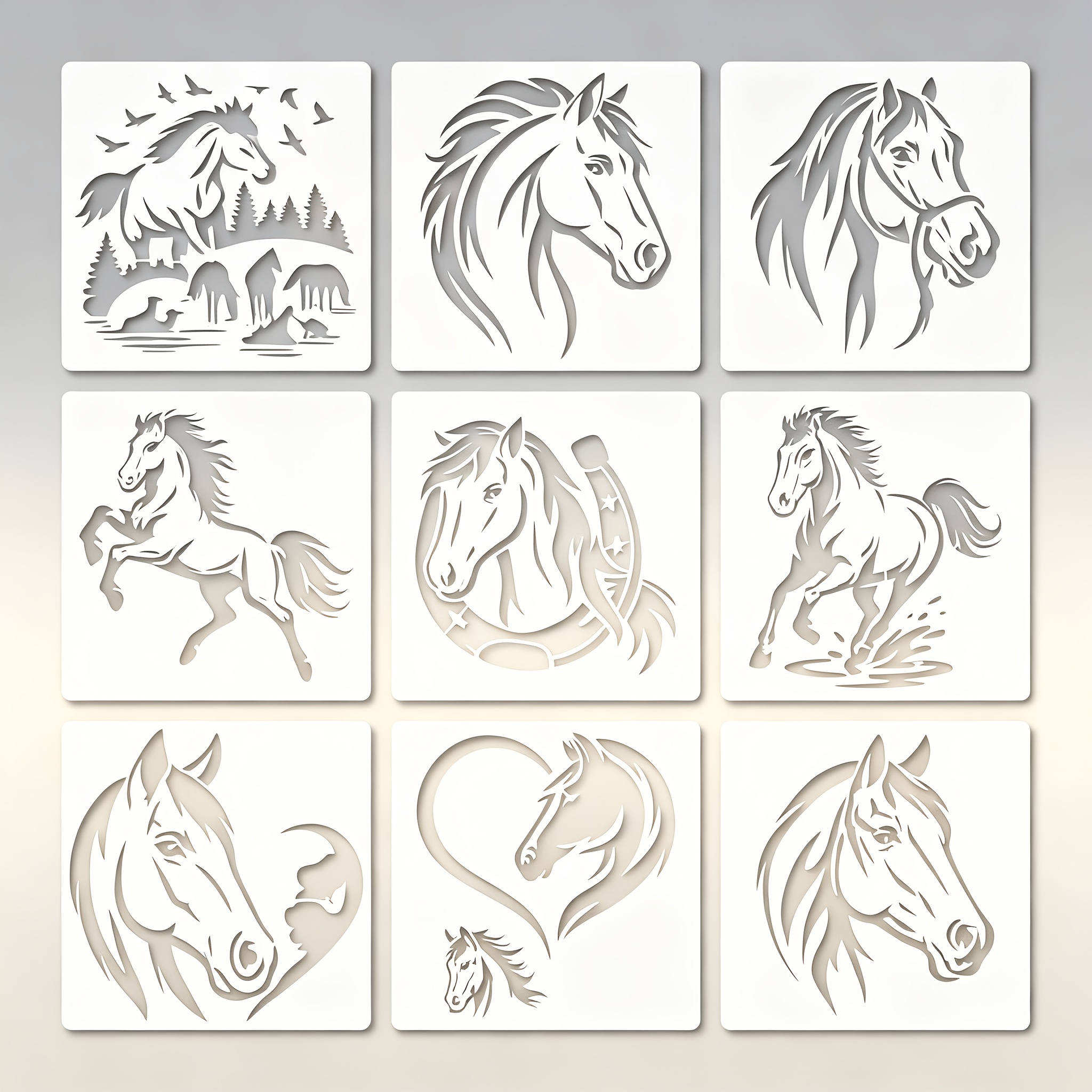 TEMU 9pcs Reusable Horse Templates - Pet Plastic Templates, Suitable For Walls, Furniture, Glass, Doors, And Windows - Horse Silhouette Templates,