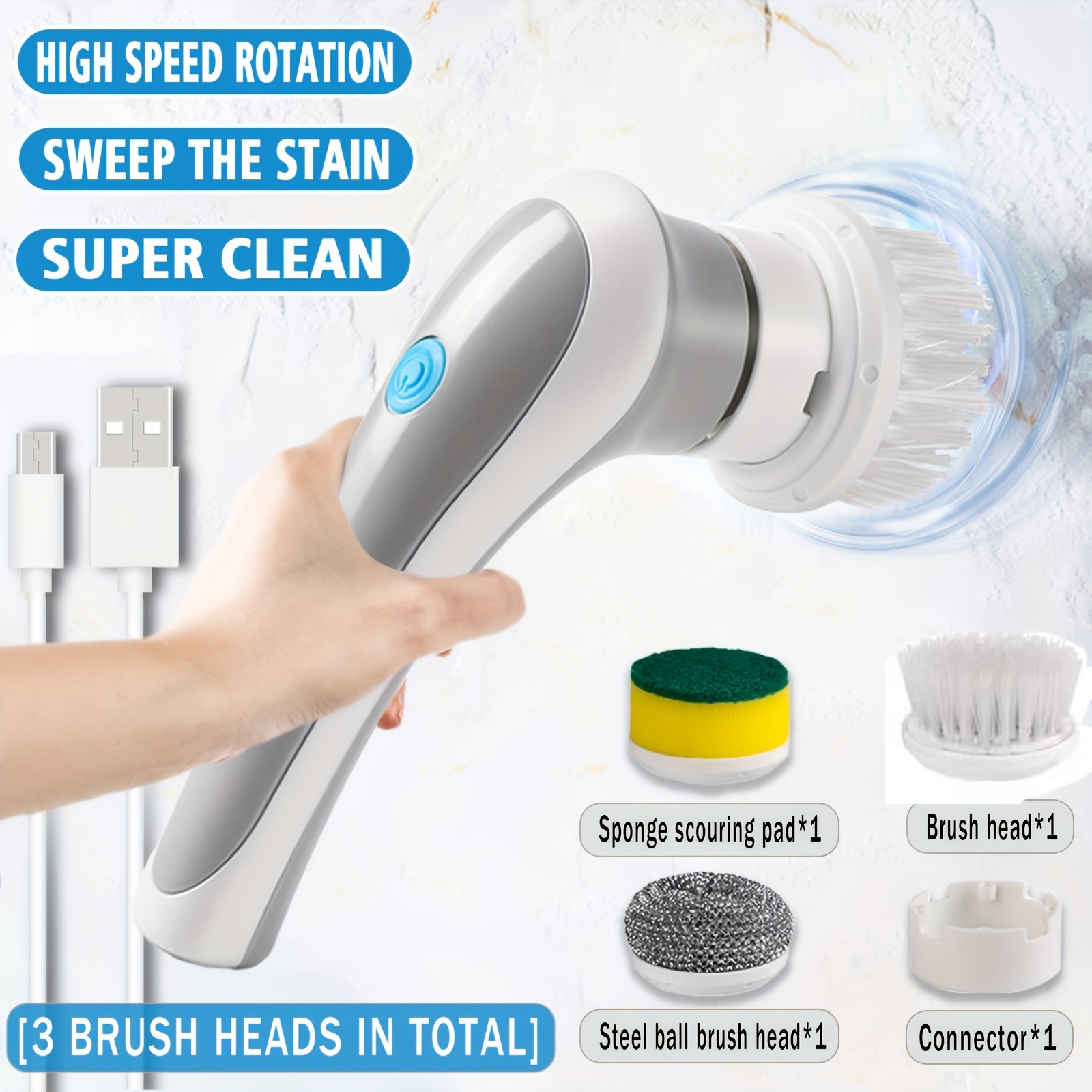 

Handheld Electric Scrubber, Handheld Power Scrubber With 3 Replaceable Brush Heads, Cordless 360 Degree Rotation Electric Scrubber, Shower Scrubber For Bathroom Tub Floor Car And Tile, Spin Scrubber