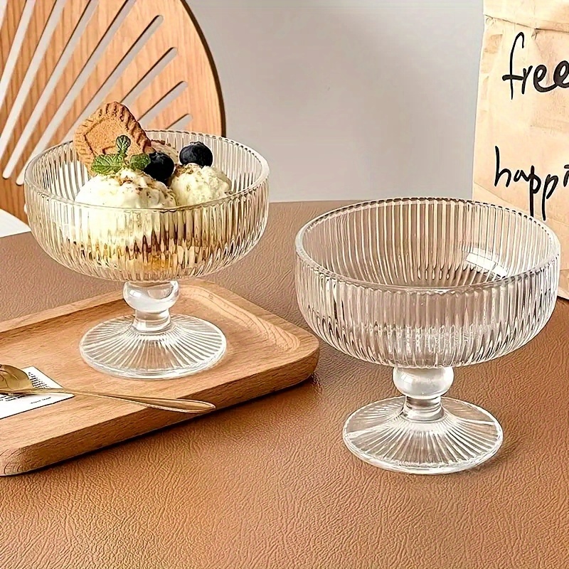 Image of 2pcs, 250ml/8.7oz Glass Cup, Retro Striped Glass Dessert Cup, Ice Cream Cup, Salad Cup, Cup, Suitable For Ice Cream, Fruits, Salads, Desserts, Etc., Suitable For Family Gatherings And Weddings