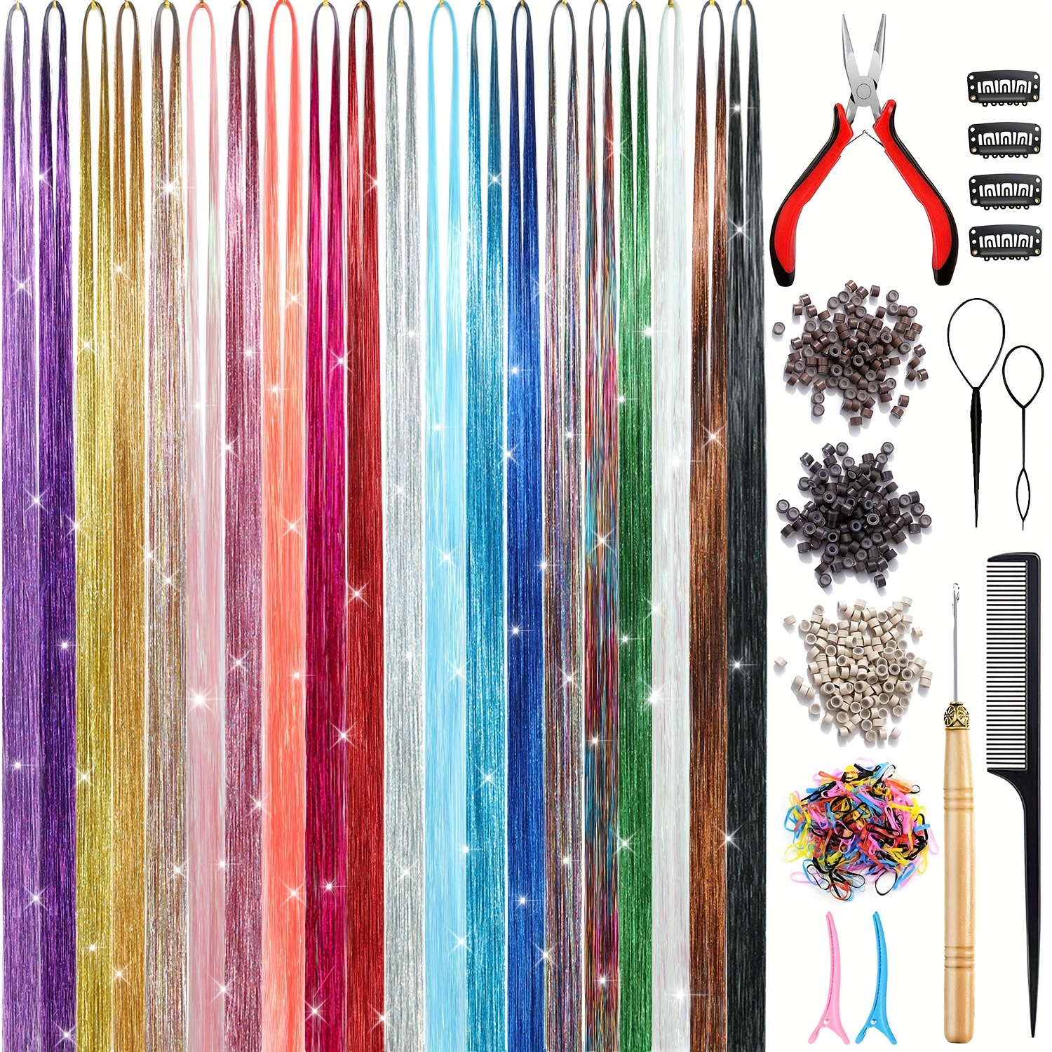 

Sparkling Fairy Hair Tinsel Kit - 48" Glitter Extensions In 20 Vibrant Colors, 4400 Strands With Tools & Accessories, Heat Resistant For All