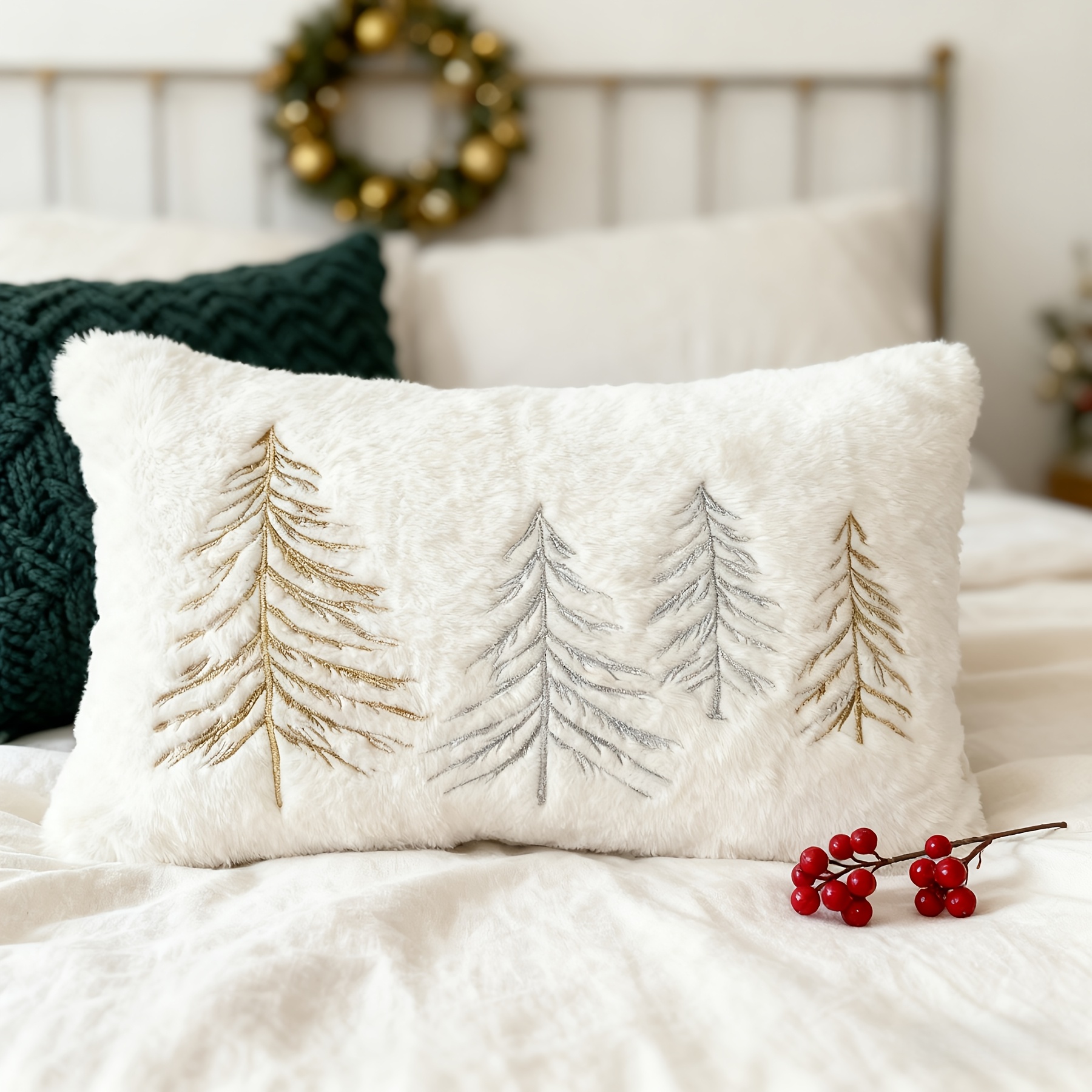 Image of Festive Christmas Tree Pillow Cover - Luxury Golden And Silvery Embroidered Decorative Pillowcase For Couch, Living Room Indoor Decor, Christmas Decor