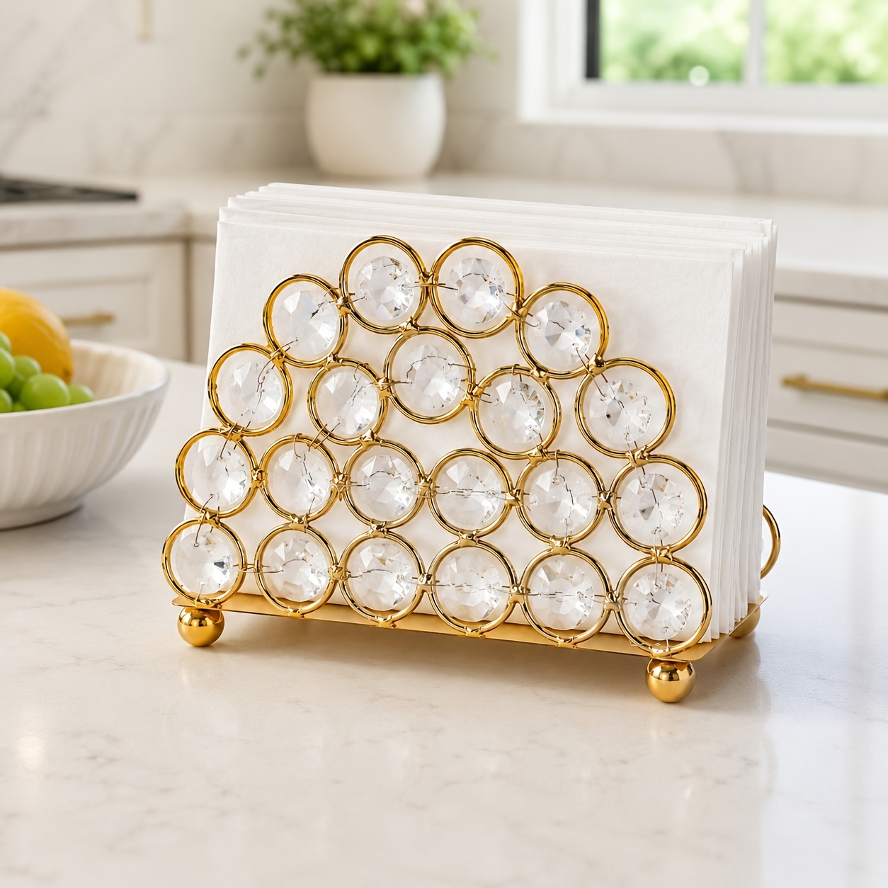 TEMU Porte-serviettes élégant en métal doré et cristal - Porte-mouchoirs autoportant avec détails de perles, convient pour , et le rangement de la