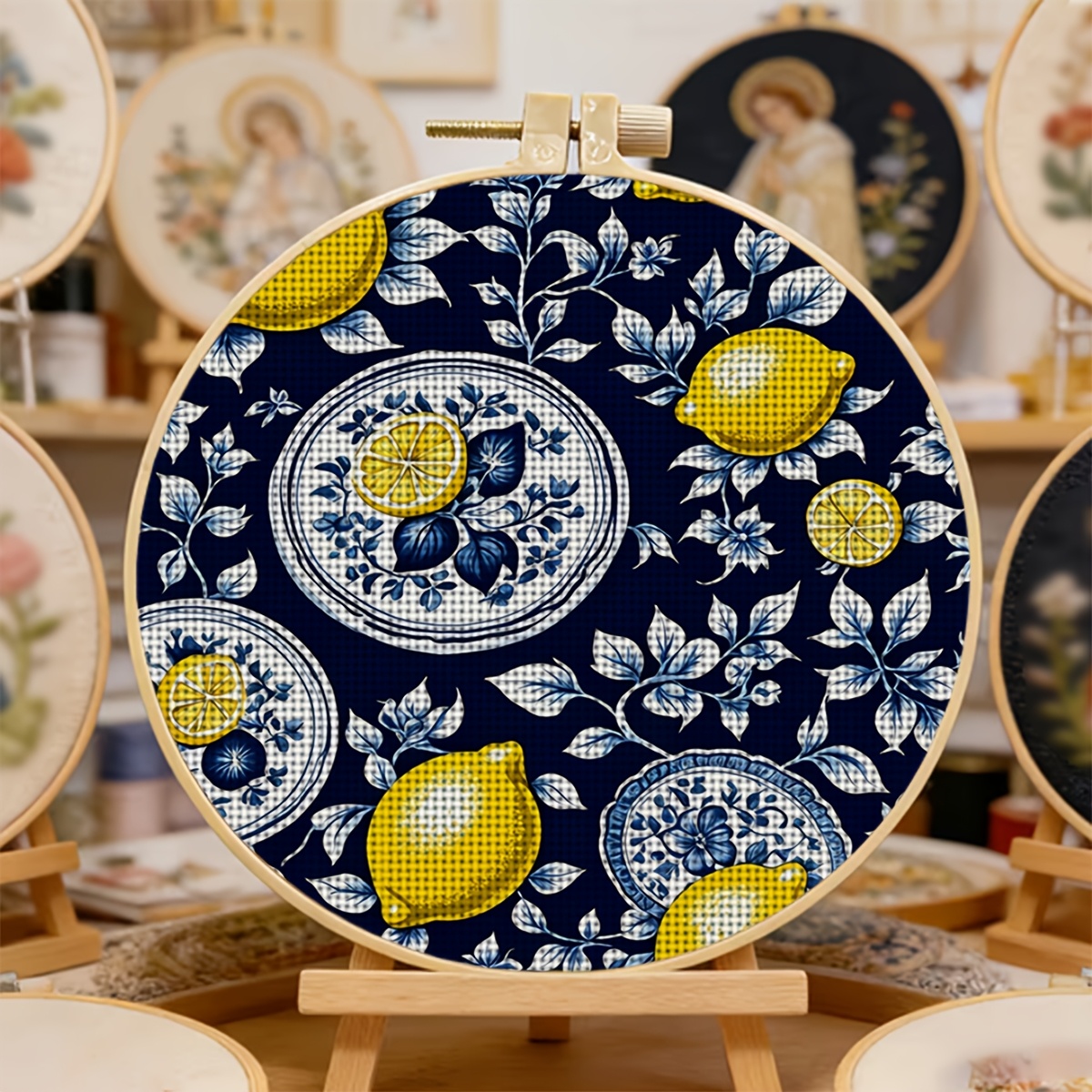 Round DIY Cross-Stitch Printed Kit with Embroidery Hoop, Deep Blue Lemon Tableware Pattern