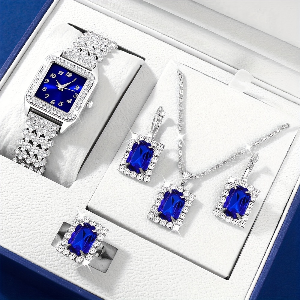 

5 Popular Women' Quartz Watch+popular Square Diamond Jewelry Set For As A Gift For