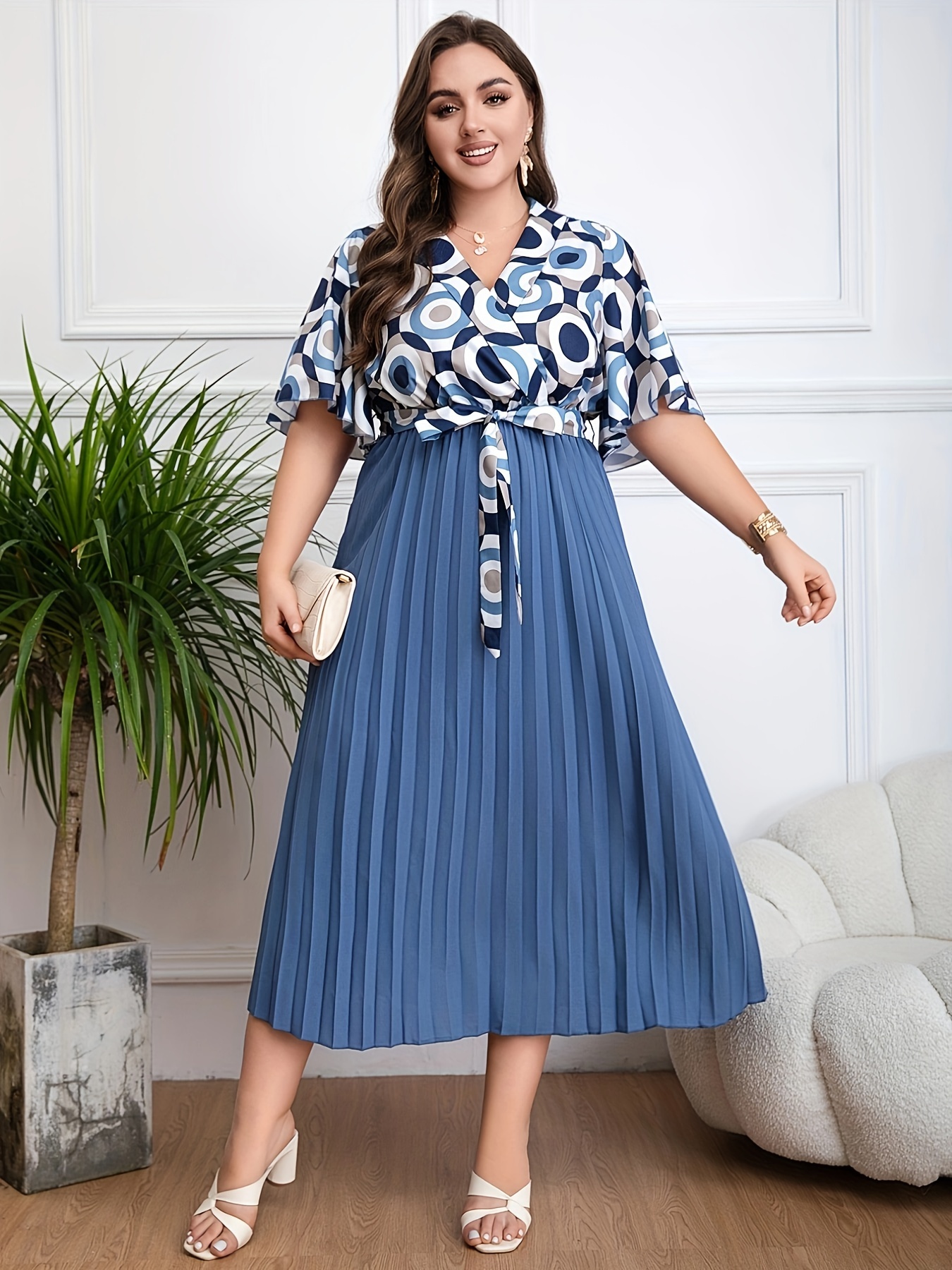 Plus Size Colorblock Geometric Print Pleated Hem Dress, Casual Surplice  Neck Short Sleeve Belted Dress For Spring Summer, Women's Plus Size  Clothing