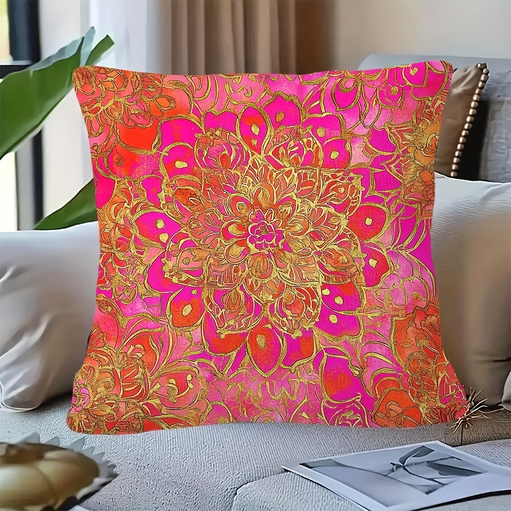 TEMU 1 stuks Omkeerbare Decoratieve Kussensloop - Levendig Roze Gouden Mandala Ontwerp, Moderne Scandinavische Stijl, Ritssluiting, Machinewasbaar