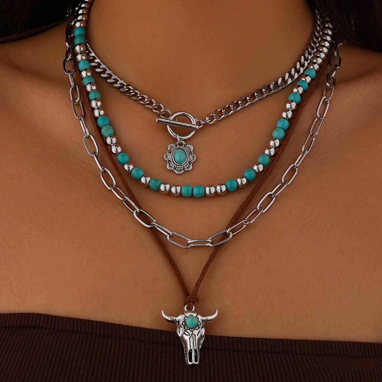 

Boho Vintage Style 4-piece Set Acrylic Faux Turquoise Bull Head Pendant Layered Choker Beaded Necklace Set For Daily And Party Occasions