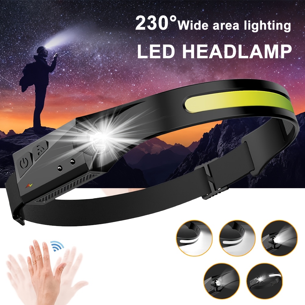 TEMU Lampe Frontale LED, Lampe Frontale Rechargeable à Détecteur de Mouvement à Faisceau Large, Faisceau Large de 230 Degrés, Légère, 5 de Lumière